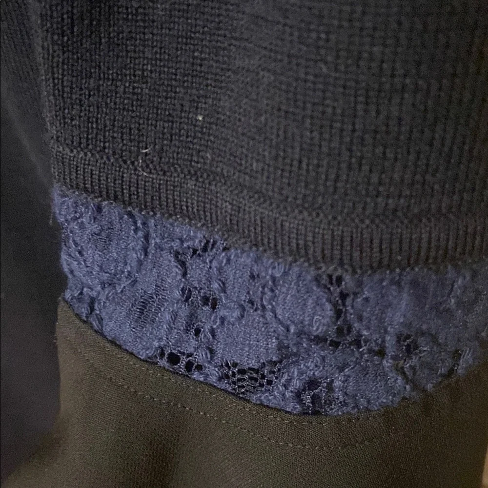 Tory Burch  Merino Wool Black Lace Hem Navy Blue Mini Dress Women Size L